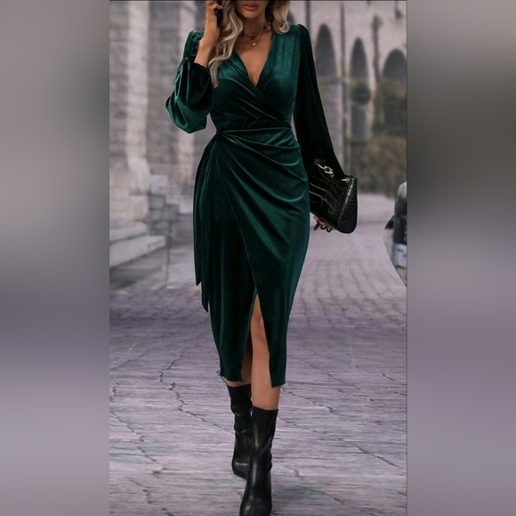 New Chic Velvet Tie Side Wrap Lantern Sleeve Midi Dress Green - Picture 1 of 9